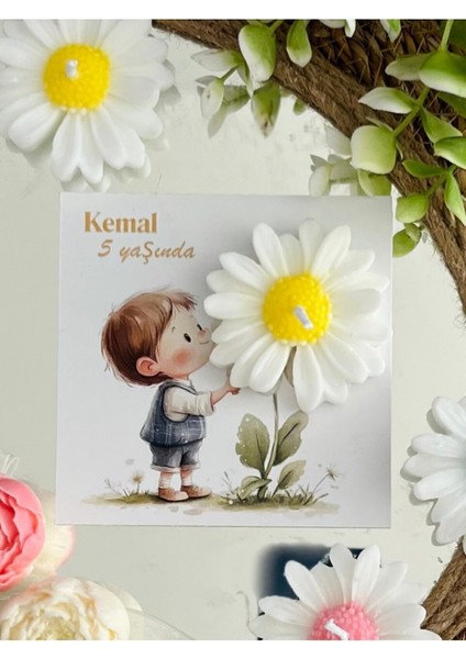 10 Adet Özel Tasarlanmış Kart ve Papatya Mum. Bebek Doğum, Babyshower, Doğum Günü, Hediyelik