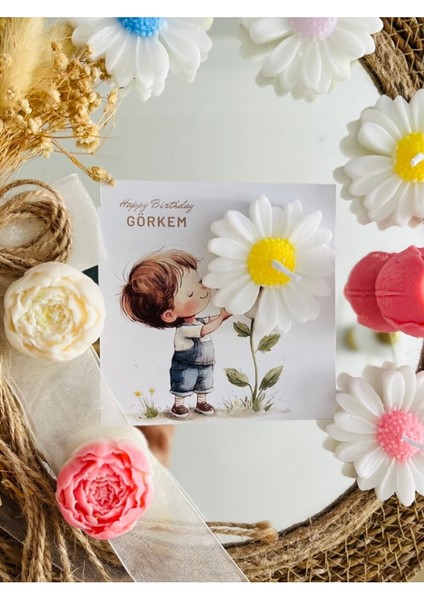 20 Adet Özel Tasarlanmış Kart ve Papatya Mum. Bebek Doğum, Babyshower, Doğum Günü, Hediyelik