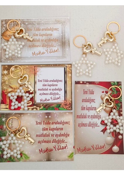 10 adet Noel Hediyelik Kilit Aparatlı Beyaz Inci Yıldız Anahtarlık