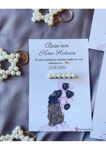 20 Adet Hediyelik Inci Toka Kına Hatırası Kartı - Kişiye Özel Tasarım Imkanı