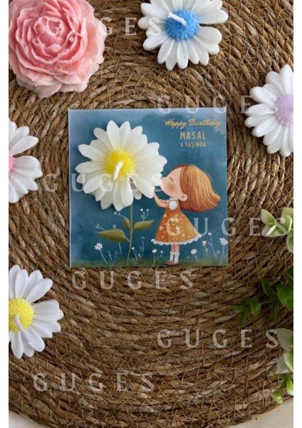 10 Adet Özel Tasarlanmış Kart ve Papatya Mum. Bebek Doğum, Babyshower, Doğum Günü, Hediyelik