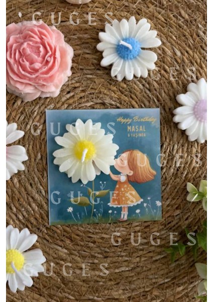 10 Adet Özel Tasarlanmış Kart ve Papatya Mum. Bebek Doğum, Babyshower, Doğum Günü, Hediyelik fiyatları