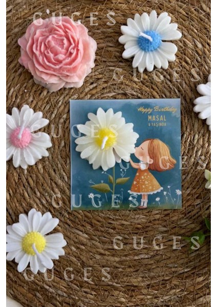 10 Adet Özel Tasarlanmış Kart ve Papatya Mum. Bebek Doğum, Babyshower, Doğum Günü, Hediyelik modelleri