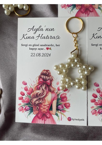 20 Adet Hediyelik Kına Hatırası Kartı ve Yıldız Anahtarlık - Kişiye Özel Tasarım Imkanı