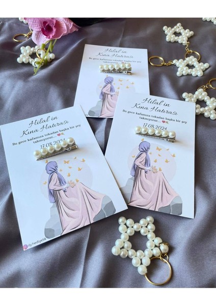 20 Adet Hediyelik Inci Toka Kına Hatırası Kartı - Kişiye Özel Tasarım Imkanı