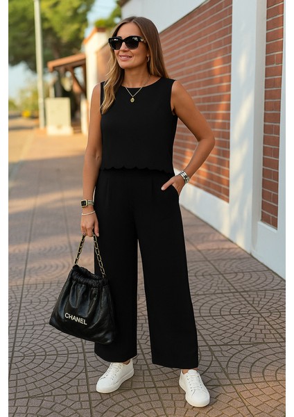 Eyesof Kadın Sıfır Kollu Bisiklet Yaka Arkadan Bağlamalı AER8BIN Bluz ve Pantolon Ikili Takım