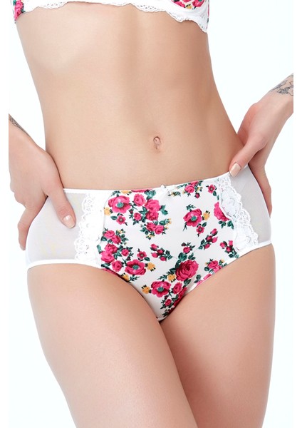 Golshan Gardenia Control Slip, Kadın Dantelli Çiçek Baskılı Ekru Yüksek Bel Külot