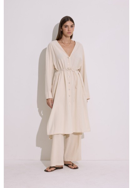 Dokulu Düğmeli Uzun Tunik Natural