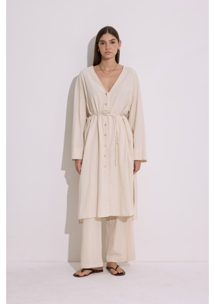Dokulu Düğmeli Uzun Tunik Natural modelleri