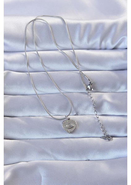 316L Gümüş Renk Zirkon Taşlı Işlemeli Göz Detay Kalp Kolye fırsatları