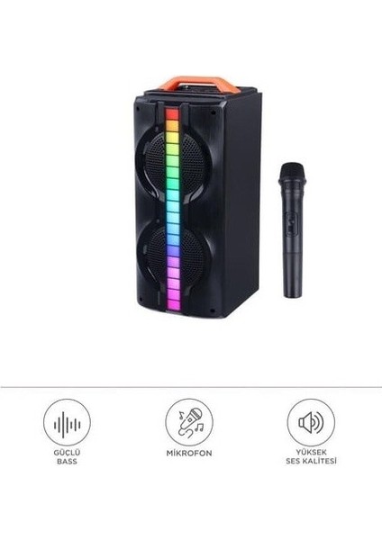 1790 Kablosuz Mikrofonlu Rgb Ledli Taşınabilir Bluetooth Hoparlör Parti Speaker