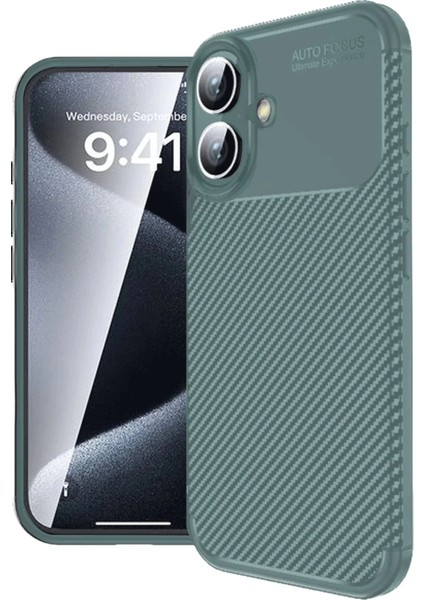 iPhone 16 Plus Kılıf Auto Focus Karbon Kapak - Koyu YEŞIL-(5796)