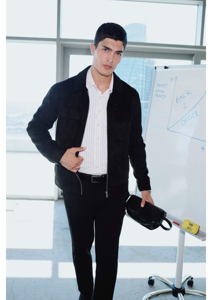 Slim Fit Dar Kesim Polo Yaka Astarlı Fermuarlı Cepli Mevsimlik Baharlık Süet Mont Y5362AZ25AU