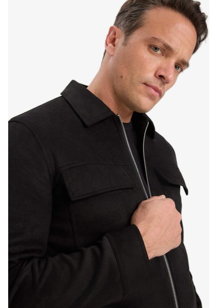 Slim Fit Dar Kesim Polo Yaka Astarlı Fermuarlı Cepli Mevsimlik Baharlık Süet Mont Y5362AZ25AU