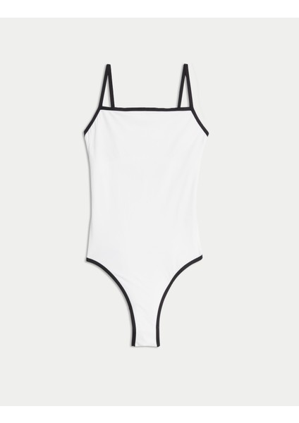 Kontrast Şeritli Kare Yaka Mayo