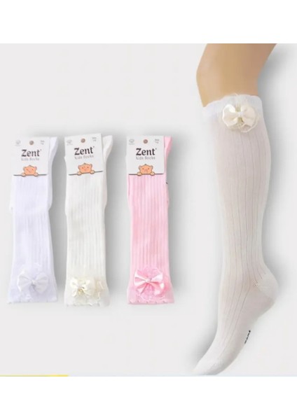 Zent Çocuk Kurdeleli Uzun Çorap – 3 Renk Seçenekli (Beyaz, Pembe, Krem)