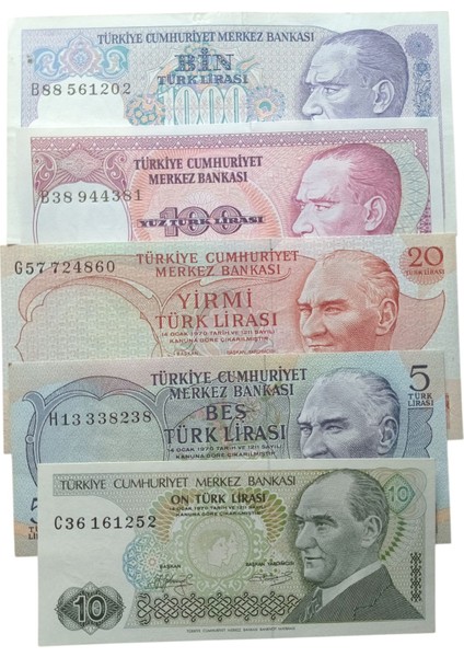 6. 7. Emisyon 5 Adet Çil Türk Lirası Kağıt Koleksiyon Para . Numismatik, Antikalar, Hobi Hediye