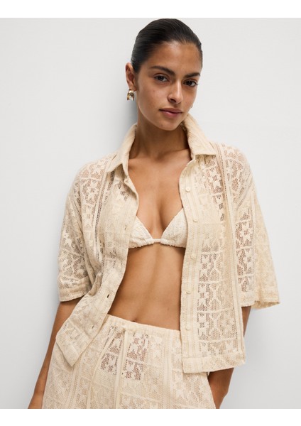 Saf Pamuklu Kısa Kollu Plaj Gömleği