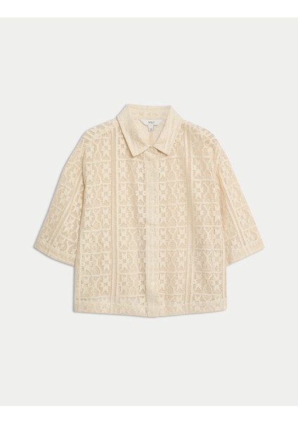 Saf Pamuklu Kısa Kollu Plaj Gömleği