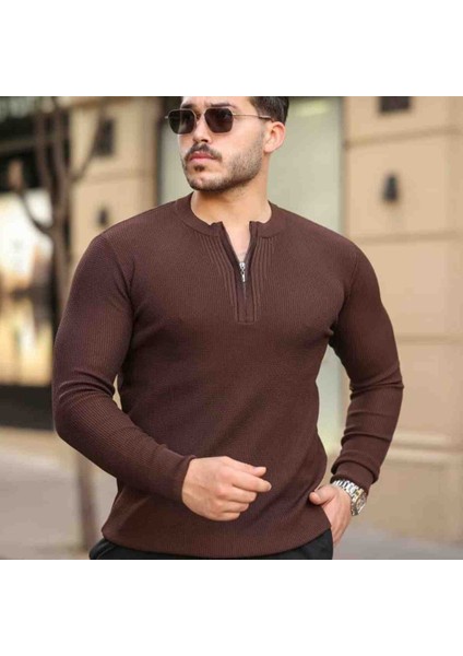 Erkek Fermuarlı Bisiklet Yaka Dokulu Uzun Kollu Triko