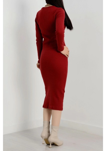 Fermuar Detaylı Fitilli Şardonlu Elbise Bordo A3178 fiyatları