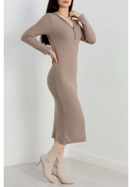 Fermuar Detaylı Fitilli Şardonlu Elbise Bej A3178 modelleri
