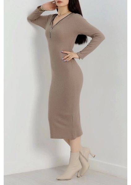 Fermuar Detaylı Fitilli Şardonlu Elbise Bej A3178