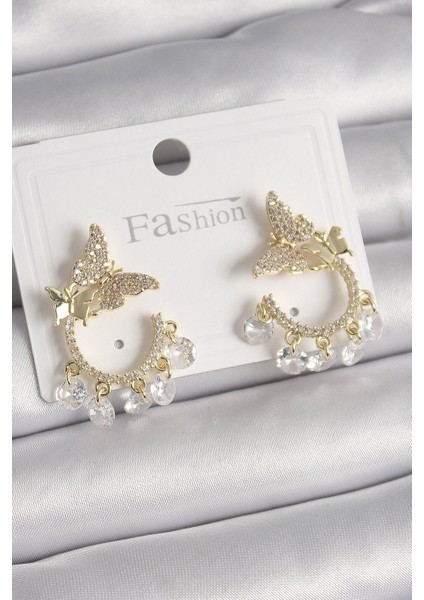 Pirinç Gold Renk Zirkon Taşlı Sallantı Detay Kelebek Model Kadın Küpe fiyatları