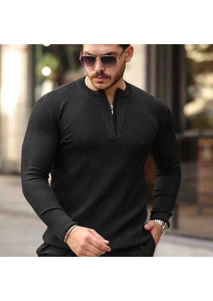 Erkek Fermuarlı Bisiklet Yaka Dokulu Uzun Kollu Triko