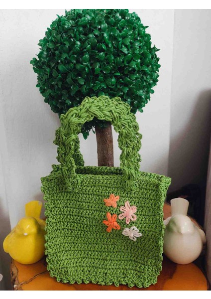 El Yapımı Yeşil Örgü Çanta Çiçek Desenli Omuz Çantası