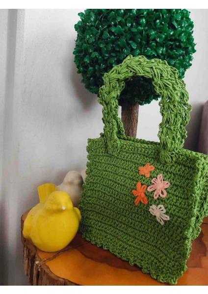 El Yapımı Yeşil Örgü Çanta Çiçek Desenli Omuz Çantası fiyatları