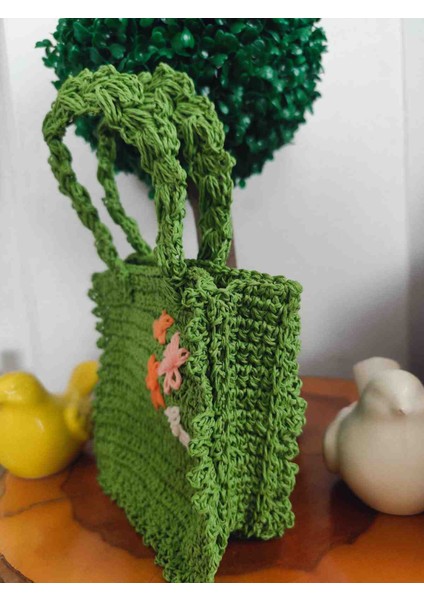 El Yapımı Yeşil Örgü Çanta Çiçek Desenli Omuz Çantası modelleri