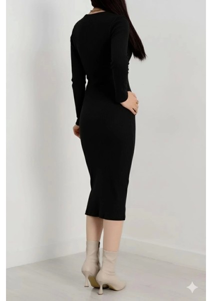 Fermuar Detaylı Fitilli Şardonlu Elbise Siyah A3178 modelleri