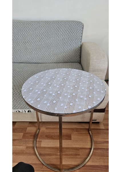 Yuvarlak Orta Sehpa Beyaz Desenli Sofra Bezi Pvc Şeffaf Masa Örtüsü Hasır Lüx Silinebilir Çeyizlik