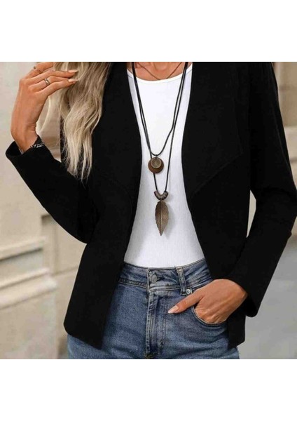 Kadın Uzun Kollu Önü Açık Yakalı Süet Ceket, Kırmızı Gül Figürlü Kolye Hediye