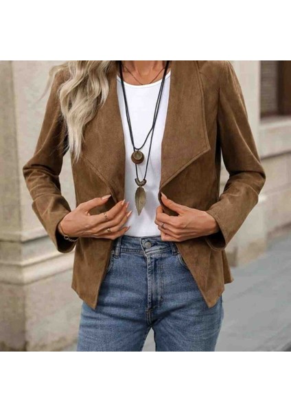 Kadın Uzun Kollu Önü Açık Yakalı Süet Ceket, Kırmızı Gül Figürlü Kolye Hediye