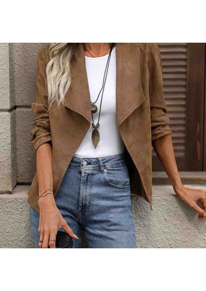 Kadın Uzun Kollu Önü Açık Yakalı Süet Ceket, Kırmızı Gül Figürlü Kolye Hediye modelleri