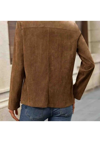 Kadın Uzun Kollu Önü Açık Yakalı Süet Ceket, Kırmızı Gül Figürlü Kolye Hediye fırsatları