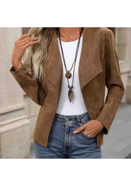 Kadın Uzun Kollu Önü Açık Yakalı Süet Ceket, Kırmızı Gül Figürlü Kolye Hediye fiyatları