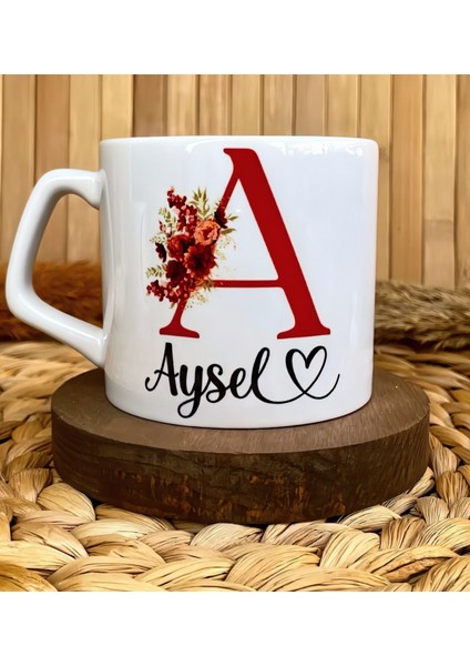 Kişiye Özel Isimli Kırmızı Çiçekli Harf Temalı Lüks Kupa Bardak