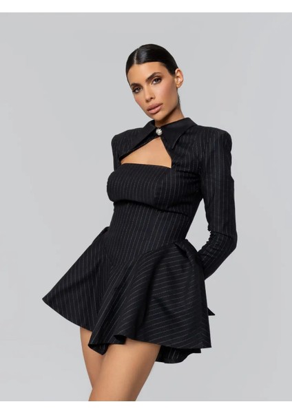 Scorpıo Çizgili Uzun Kol Saten Detay elbise