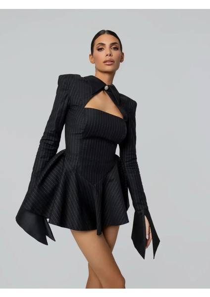 Scorpıo Çizgili Uzun Kol Saten Detay elbise