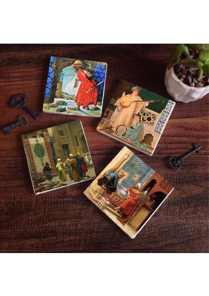 Stone Satranç Oyunu, Kaplumbağa Terbiyecisi, Iki Müzisyen Kız, Göreme Halı Tüccarı Taş Bardak Altlığı Seti - 4 Parça - Dekoratif, Rustik Mutfak Aksesuarı, 10X10 Cm, Kaydırmaz Tabanlı SC141