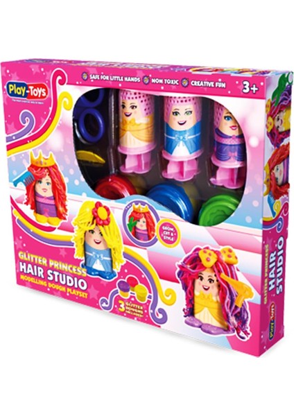Hair Studio Glitter Princess Oyun Hamuru Seti, 3 Renkli X30GR Oyun Hamuru, 5 Farklı Aksesuar ve 3 Farklı Kafa Seti, Toksik Olmayan Yaratıcı Oyun Seti, 3+ Yaş Çocuklar Için