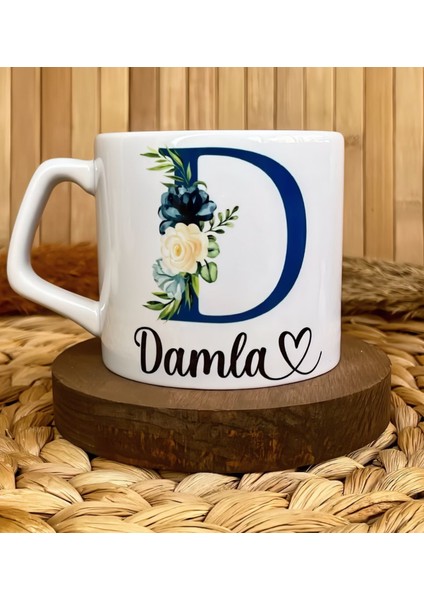 Kişiye Özel Isimli Mavi Çiçekli Harf Temalı Lüks Kupa Bardak