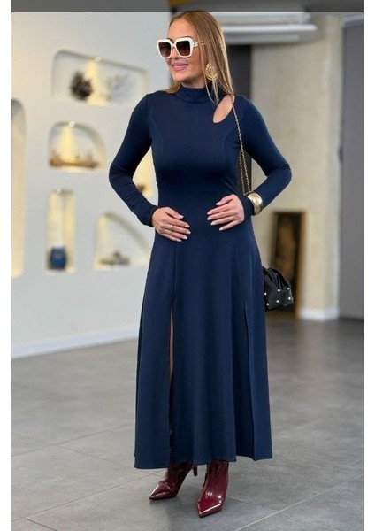 Kadın Balıkçı Yaka Damla Detaylı Yırtmaçlı Uzun Viskon Iki Iplik Maxi Elbise indirimleri