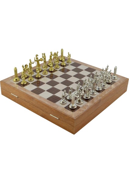 Orta Boy Metal Yunan Satranç Takımı Parlak ve Rustik Desenli Sandıklı Mdf Tahtası (36X36X6 Cm.)