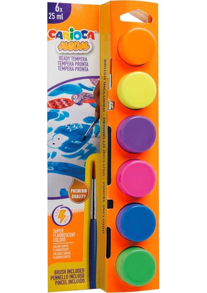 Fosforlu Tempera Suluboya Süper Yıkanabilir Fırçalı 6 * 25 ml 6 Renk Karışık