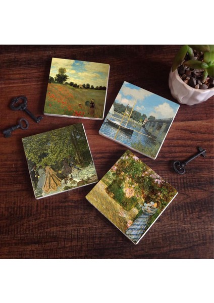 Claude Monet Bahçede, Kırda Öğle Yemeği, Argenteuil'de Köprü, Gelincikler Taş Bardak Altlığı Seti - 4 Parça - Dekoratif, Rustik Mutfak Aksesuarı, 10X10 Cm, Kaydırmaz Tabanlı SC128