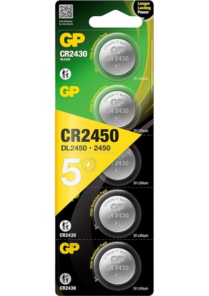 Batteries CR2450 2450 Boy Lityum Düğme Pil, 3 Volt, 5'li Kart